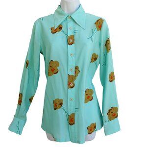 Vintage 60s Diane Rich California Floral Blouse Dagger Collar Floral Mint Green
